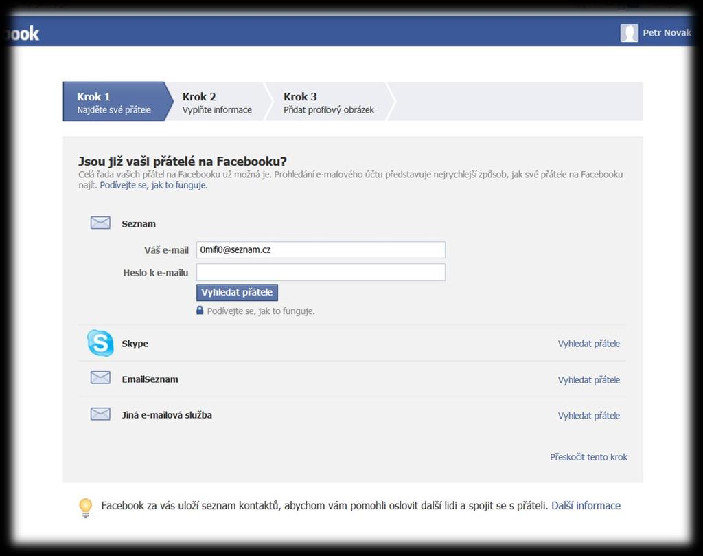 Obr. 3.1.2 Druhý krok registrace Facebook nabízí možnost vyhledat přátele podle kontaktu v emailu Obr. 3.1.2 Nález č.