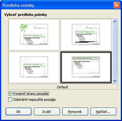 Použitie predlohy snímok Ak chceme niektorú predlohu snímok použiť pre všetky snímky v prezentácii: 1) Klikneme na ikonu Predlohy snímok postrannom paneli, čím otvoríme podpanel predlohy snímok