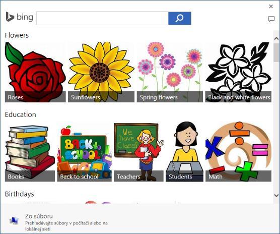 Otvorí sa okno Vloženie obrázka. Kliknutím na Hľadanie obrázkov cez Bing sa zobrazí kompletná databáza obrázkov roztriedená do rôznych kategórií.