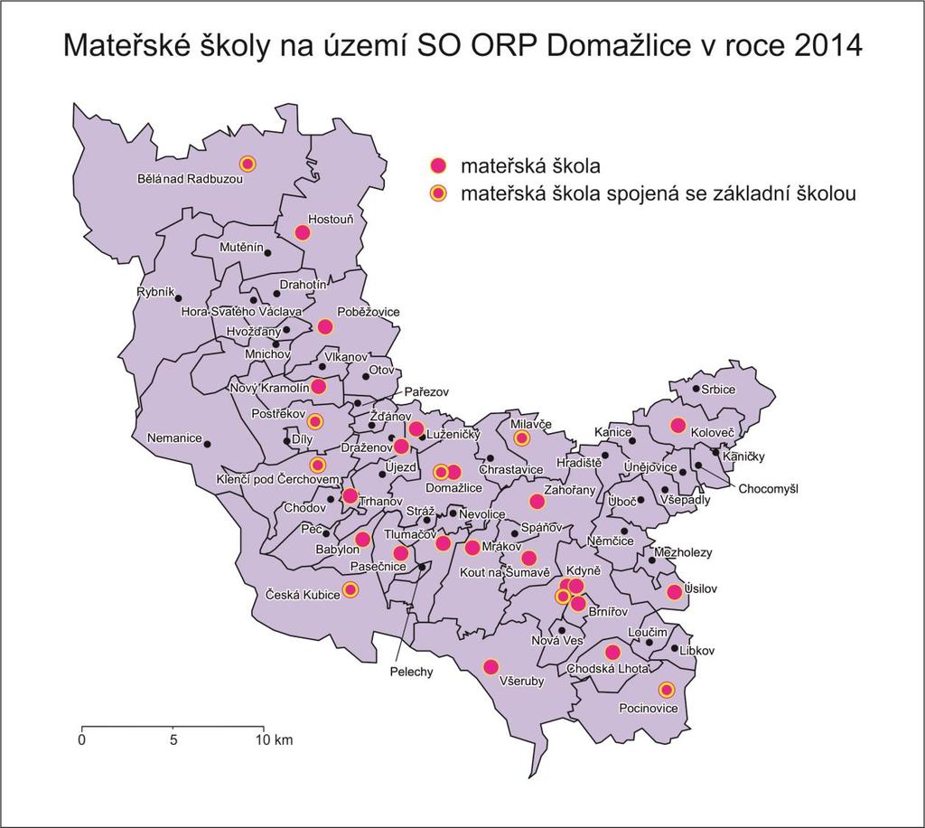 2.5.3 PŘEDŠKOLNÍ VZDĚLÁVÁNÍ Rozložení mateřských škol na území SO ORP Domažlice ilustruje mapa č. 4. Mapa č.