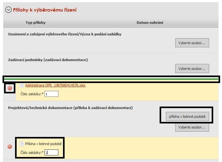 V případě, chce-li žadatel přílohu odstranit, je možné tak učinit pomocí znaku V případě identifikace vybraných příloh v listinné podobě (umožněno pouze: projektová/technická