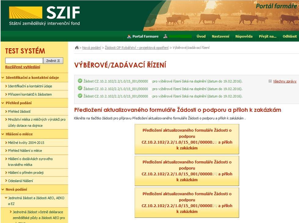 1. možnost: po kliknutí na záložku Výběrové/zadávací řízení se zobrazí nabídka přehledu žádostí, které čekají na předložení aktualizovaného formuláře Žádosti o podporu a příloh k zakázkám, pokud má