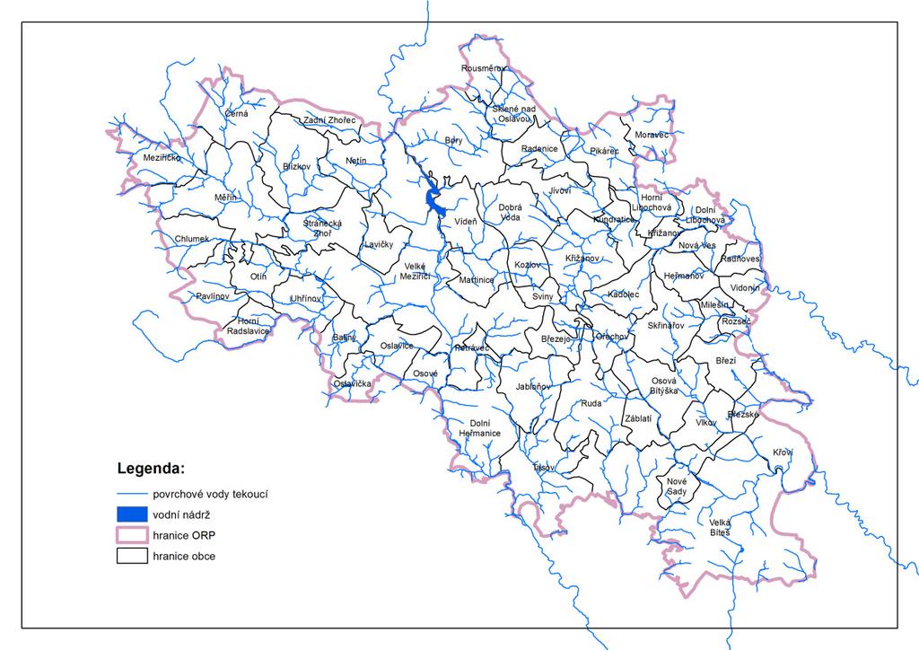 Obr. č. 8: Přehled povrchových vodních útvarů tekoucích Území ORP Velké Meziříčí zahrnuje velké množství větších a menších rybníků.