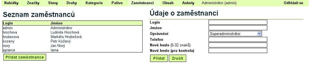 6. Zamìstnanci Pozor! V demu není po pøihlášení dostupná sekce "Zamìstnanci". Je však samozøejmou souèástí komerèní verze systému.