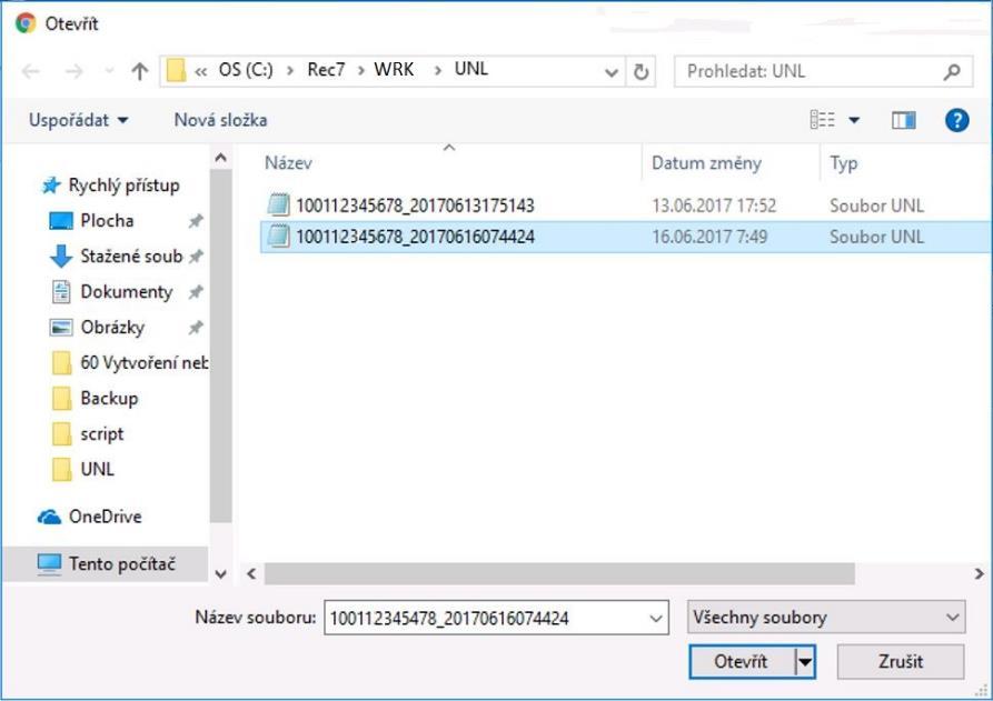 Výběr souboru Vyberte soubor UNL vytvořený programem RECEPCE určený pro aktuální hlášení a výběr