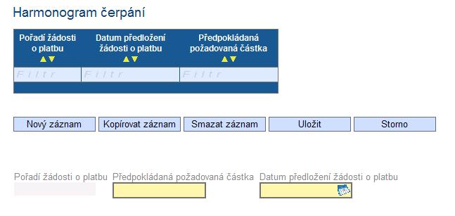 2.15 Harmonogram čerpání V této záloţce ţadatel uvádí přepokládanou výši vynaloţených způsobilých výdajů za kaţdé monitorovací období realizace projektu.