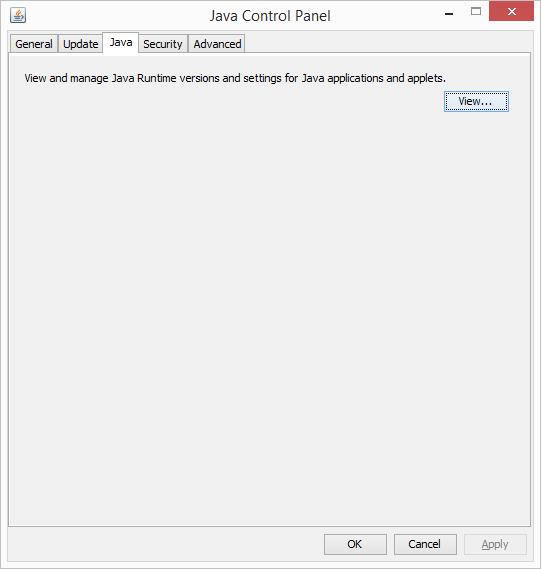 Obrázok 10-3 Java Control Panel Kliknutím na tlačidlo View na záložke Java je potrebné zobraziť nastavenia Java Runtime Environment