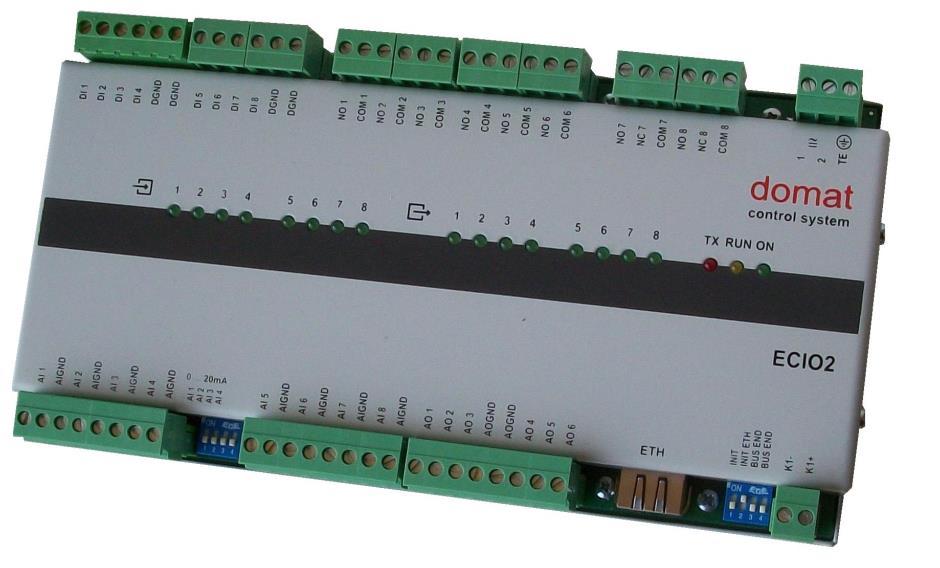 ECIO2 Kompaktní I/O modul, Ethernet Shrnutí Kompaktní I/O modul ECIO2 je mikroprocesorem řízený komunikativní modul se skladbou I/O optimalizovanou pro aplikace VVK a domovní techniky.