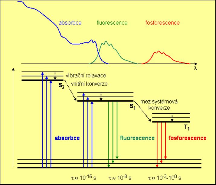 Doba trvání jednotlivých procesů Absorpce Fluorescence 10-15 s 10-8 s Fosforescence»10-8 s (ms s)