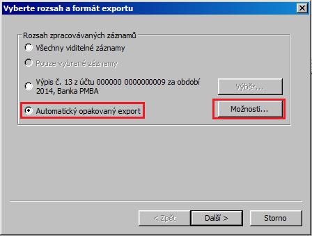 Z nabídky vyberte jeden nebo více účtů, pro které požadujete nastavit automatický export, dále v poli