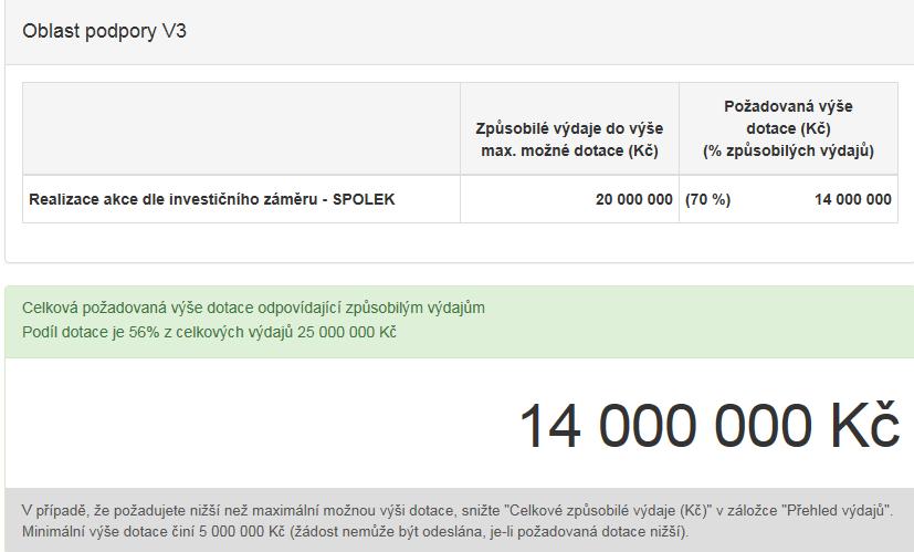 V případě, že požadujete nižší dotaci, než je vypočtena, vraťte se na záložku Přehled výdajů a upravte částku