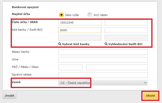 POZOR V poli Číslo účtu je nutné vyplnit číslo účtu ve formátu 000000-0123456789. Důležité je vyplnit předčíslí v podobě 000000-.