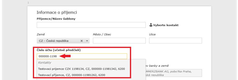 Kliknutím na příslušnou položku se údaje automaticky vyplní do platebního příkazu. 4.