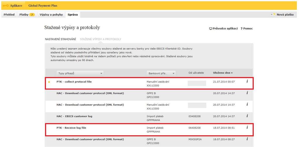 protocol file (Manuální zadání) nebo PTK - Receive log file (Import plateb).