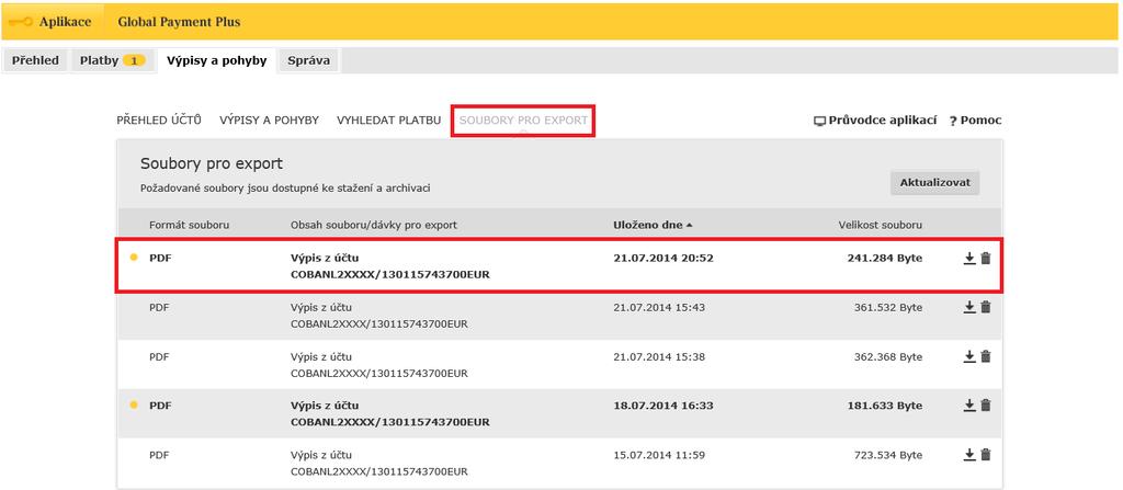 Budete přesměrováni do záložky Výpisy a pohyby - Soubory pro export, ve které naleznete všechny Vámi požadované soubory ve zvolených formátech připravené