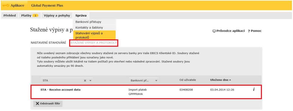 Výpisy z účtu - export do účetního systému (STA) Pro export výpisů z účtu z internetového bankovnictví do počítače a následný import do účetního systému zvolte menu Správa - Stahování výpisů a