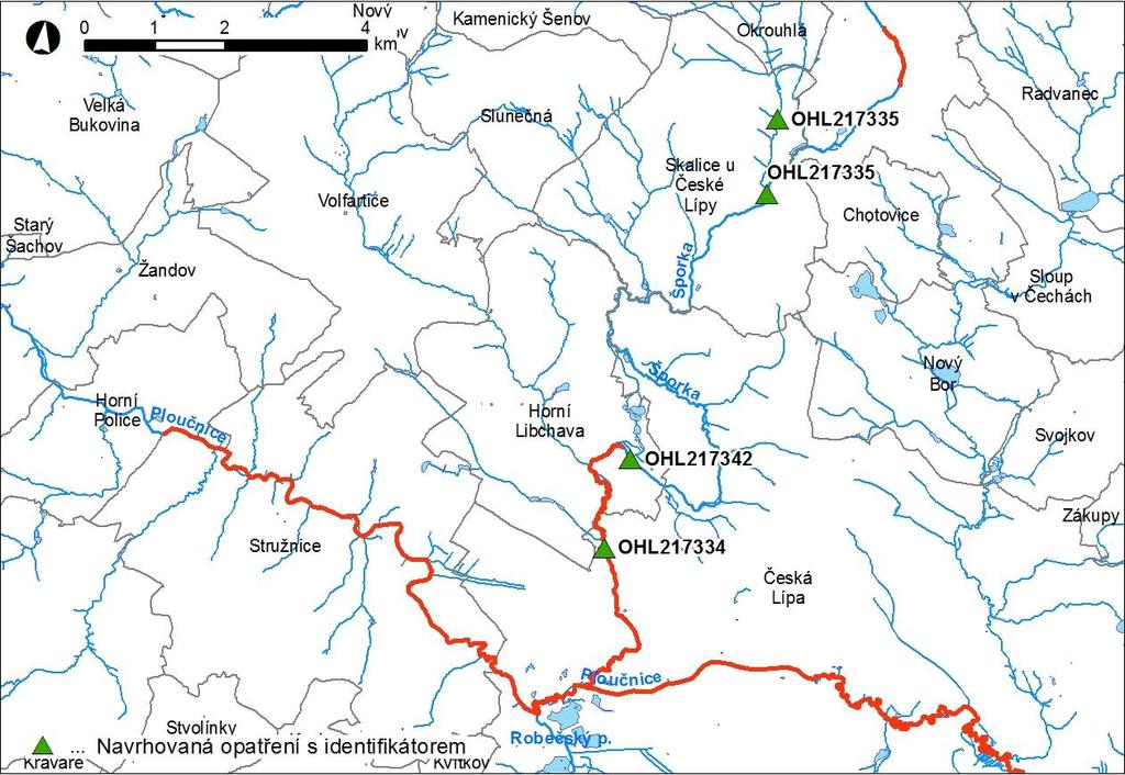 Obr. 3 Přehledná mapa lokalizace navrhovaných opatření s identifikátorem listem opatření (ID OP) 6 Souhrnné informace o jednotlivých DOsVPR za jednotlivá dílčí povodí Souhrnné informace o