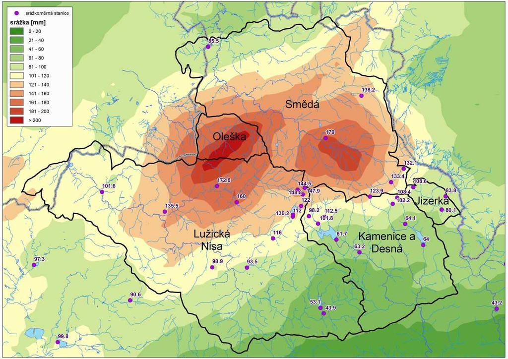 Na Obr. 2.1 je uvedena mapa adjustovaných srážek ze 6. srpna,