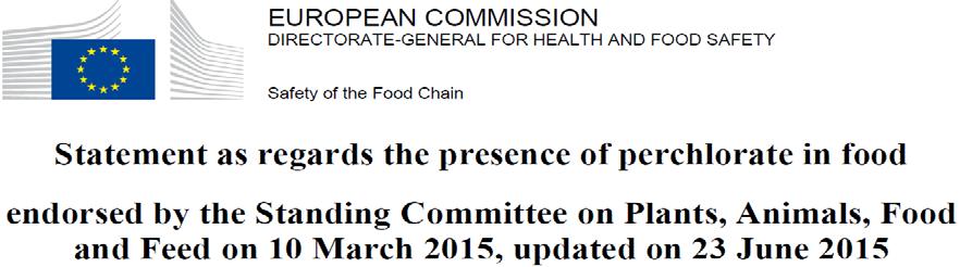 Perchlorát referenční hladiny pro vnitřní trh EU FOOD (*) level (mg/kg) (*) Fruits and vegetables 0,1 with the exception of - Cucurbitaceae and leafy vegetables except 0.