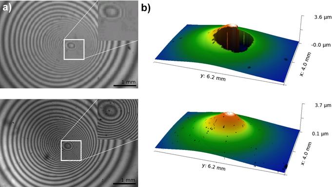 velmi odlišná informace oproti realitě. Na obrázku 8.3.1a) je záznam téhož vzorku vytvořeného technologií plasma jet, který byl získán oběma přístroji. Rozdíl mezi záznamy je jasně patrný.