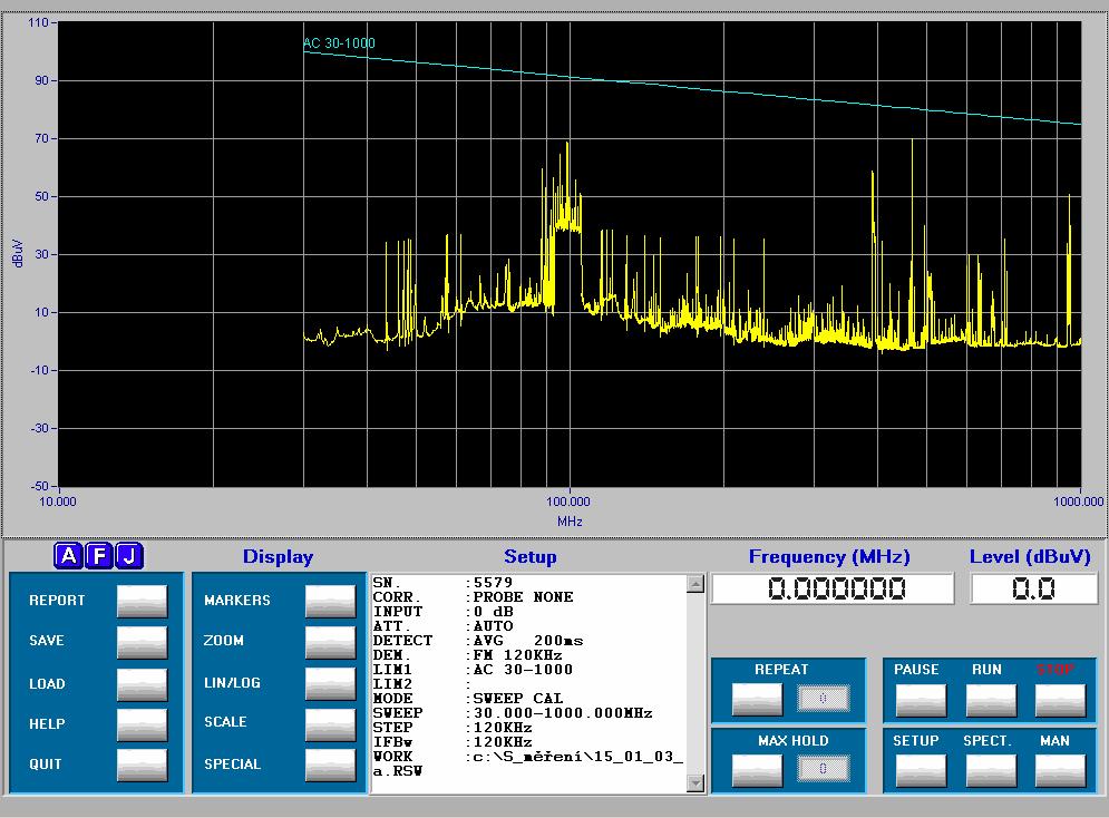 Obrázek 5 ukazuje pohled na panel měřicího přístroje pro měření vysokofrekvenčního rušení v pásmu 30MHz 1 GHz Obrázek 5 Mimo měření anténami existuje ještě řada měření, kdy se používají speciální