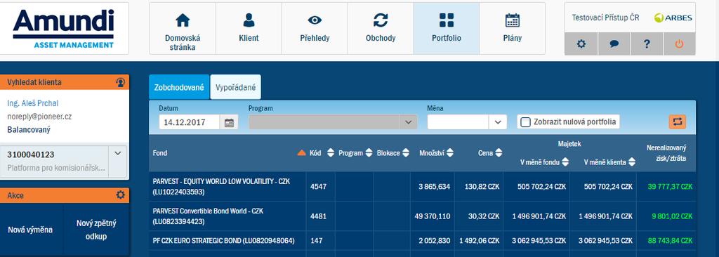 11. Sekce Portfolio Po stisku tlačítka Portfolio v hlavní nabídce se zobrazí portfolio (majetek na účtu) pro vybraného klienta.