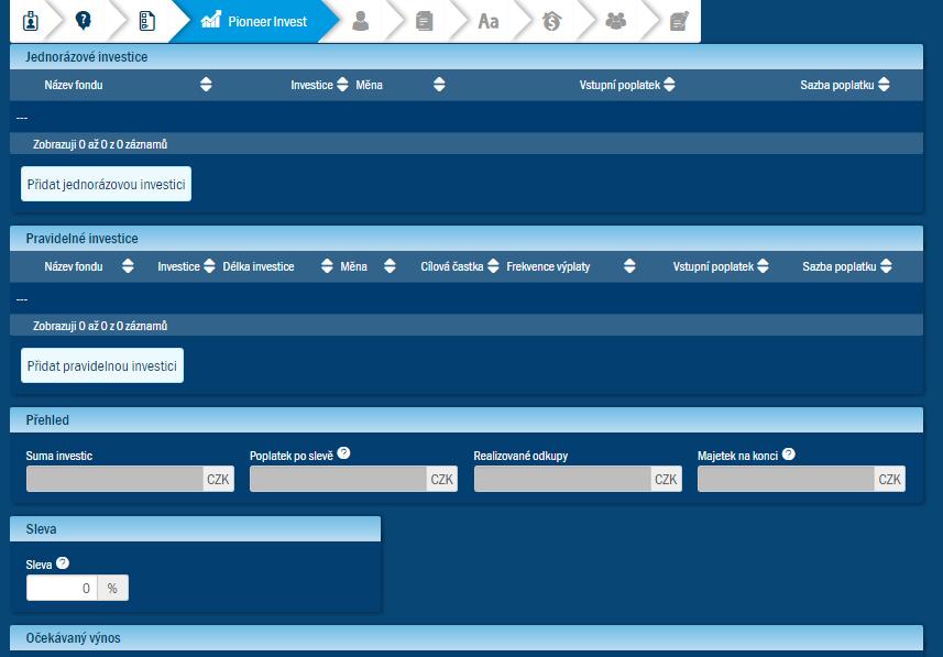 13.2. PIONEER INVEST - vyplnění smlouvy Po výběru ikony smlouvy Pioneer Invest, se otevře okno s několika záložkami. Při zakládání nové smlouvy lze tedy postupovat po jednotlivých záložkách.