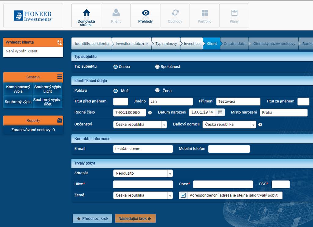 V záložce Klient se automaticky vyplní data, uvedená již při Identifikaci klienta, ostatní