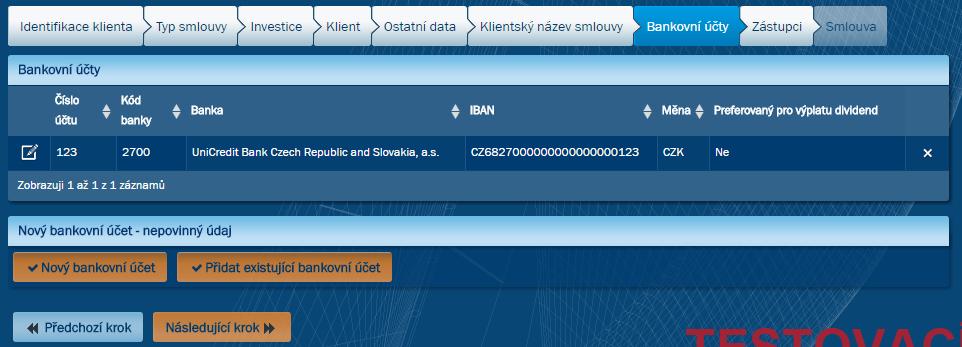 13.8. Bankovní účty v nové smlouvě (povinné pouze pro Pioneer Invest Divid.