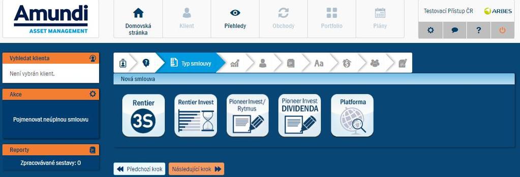 15. Založení Smlouvy RENTIER 3S nebo RENTIER INVEST Při zakládání nové smlouvy se vychází z domovské stránky (otevře se tlačítkem Domovská stránka) a v sekci NOVÁ SMLOUVA vybereme zda již chceme