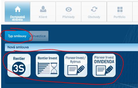 Po zvolení piktogramu na požadovanou smlouvu lze vymodelovat portfolio a po volbě nová smlouva se vygeneruje Investiční návrh, Platební instrukce a Smlouva,