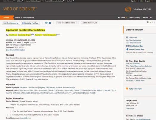 VÚVeL VÝROČNÍ ZPRÁVA 2016 Ocenění Web of Science pracovníkům z oddělení Farmakologie a imunoterapie za vysokou citovanost publikace v oboru Odborná práce Ing. Štěpána Koudelky, Ph.D. a RNDr.