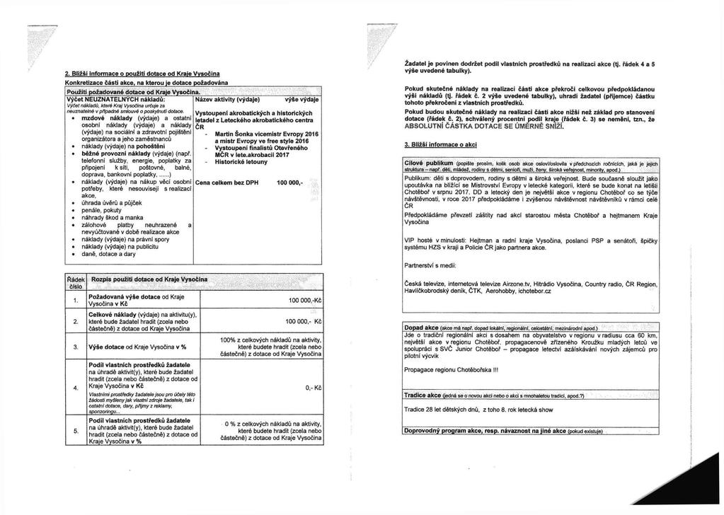 2. Bližši informace o použiti dotace od Kraje Vysočina Konkretizace části akce, na kterou je dotace požadována Použití požadované dotace od Kraje Vysočina.