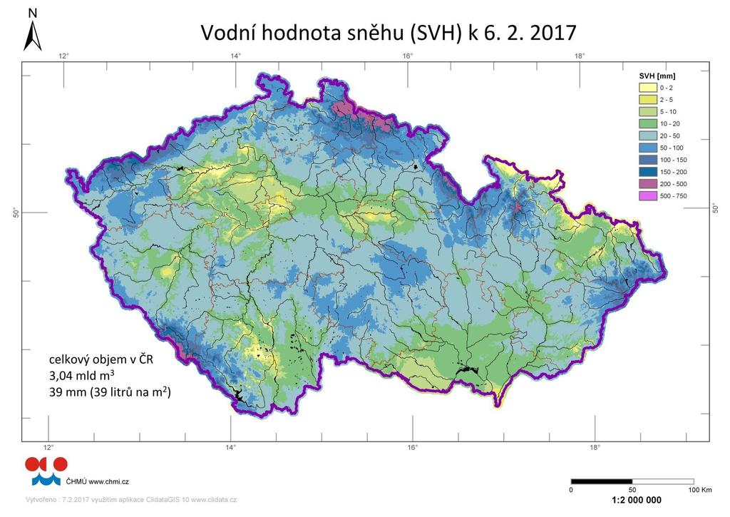 Výstupy vyhodnocování zásob vody ve sněhu Mapy interpolované SVH - metoda Clidata DEM, která vychází z metody lineární lokální regrese se zachovanými hodnotami z