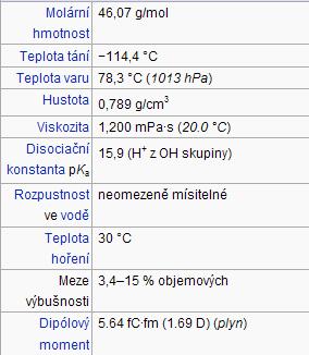 Ethanol Fyzikálně chemické vlastnosti: