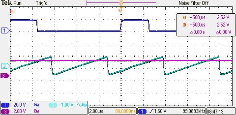 Z 3 je také patrný princip PWM modulace, sestupná hrana výsledného PWM signálu je v každém druhém průsečíku řídicího napětí a pilovitého signálu oscilátoru (proč zrovna v místě každého druhého