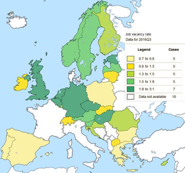 Obr. 25: Podíl volných míst na trhu práce jednotlivých členských států EU, údaje za 3. čtvrtletí 2016 Eurostat Database; Job vacancies in number and % - NACE Rev. 2, B-S, quarterly data. Zdroj: 5.