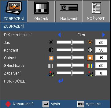 Ovládání ZOBRAZENÍ Režim zobrazení K dispozici je řada předvoleb výrobce optimalizovaných pro různé typy obrazu. Prezentace: Dobrá barva a jas ze vstupu PC. Jasný: Maximální jas z PC vstupu.