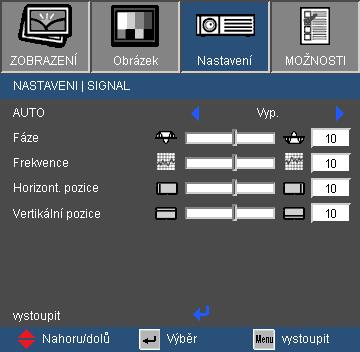 Ovládání NASTAVENÍ Signál (RGB) Signál je podporováno pouze v analogovém VGA (RGB) signálu. Auto Automaticky vybere signál.