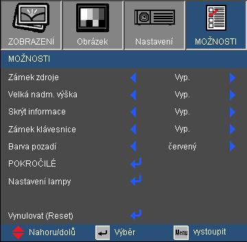 Ovládání MOŽNOSTI Zámek zdroje V případě, že je nainstalován prachový filtr, musí se zapnout režim Vysoká nadmořská výška. Prachový filtr je nepovinný a v některých oblastech nemusí být vyžadován.