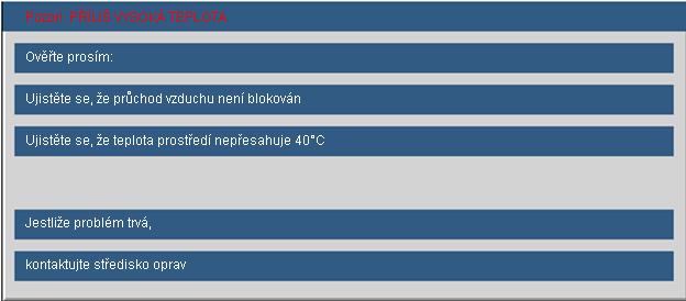 Dodatky Zprávy na obrazovce Upozornění na teplotu: Nefunguje větrák: Upozornění na stav lampy: Mimo dosah zobrazení: