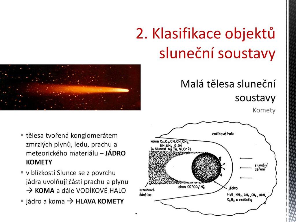 Kometární jádra pravděpodobně vznikají během gravitačního smršťování z ledových planetesimál na periférii soustavy.
