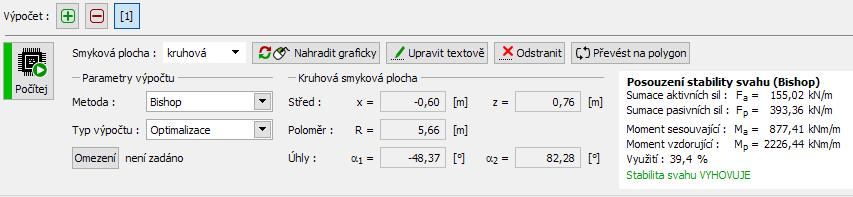 plochy, potvrdíme tlačítkem Počítej a po dokončení výpočtu následně ukončíme program Stabilita svahu tlačítkem Ukončit a předat. Výsledky, resp.