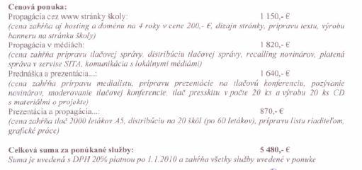 Použitie týchto prostriedkov bolo na základe verejného obstarávania (prieskumu trhu) na: - stavbu fotovoltického zariadenia (technológia dodaná firmou Solar Time Bratislava) v cene 6.