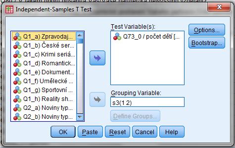 Independent Samples T-test Např. zkoumáme vztah mezi pohlavím a počtem dětí (v populaci třicátníků) příklad pracuje s daty z výzkumu Distinkce a hodnoty 2008 (viz Studijní materiály v ISu).