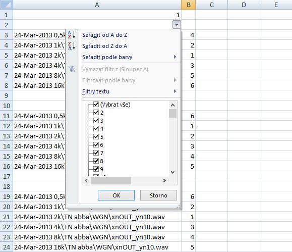 Jako výstup hodnotícího programu byl zvolen tabulkový procesor Excel, který byl doplněn o filtry, pomocí nichţ byly jednotlivé zvukové záznamy vyhodnocovány. Obr. 9 Výstup hodnotícího programu 7.