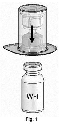 Nasaďte Mix2Vial TM jeho modrým koncem na horní část injekční lahvičky s rozpouštědlem a silně jej zatlačte dolů, dokud injekční lahvičku nepropíchnete (obr.1).