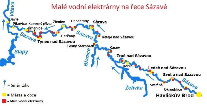 MAPA MALÝCH VODNÍCH ELEKTRÁREN Mapa č.1 Malé vodní elektrárny na řece Sázavě Zde je zpracována mapa malých vodních elektráren na řece Sázavě. V mapě je zakresleno 26 malých vodních elektráren.
