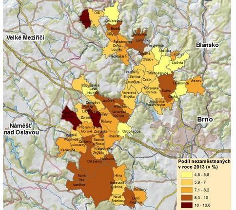 Obrázek 14. Podíl nezaměstnaných v obcích MAS Brána Brněnska, z.s. za rok 2013 Zdroj: Vlastní návrh dle dat ČSÚ (2014) Graf 7.