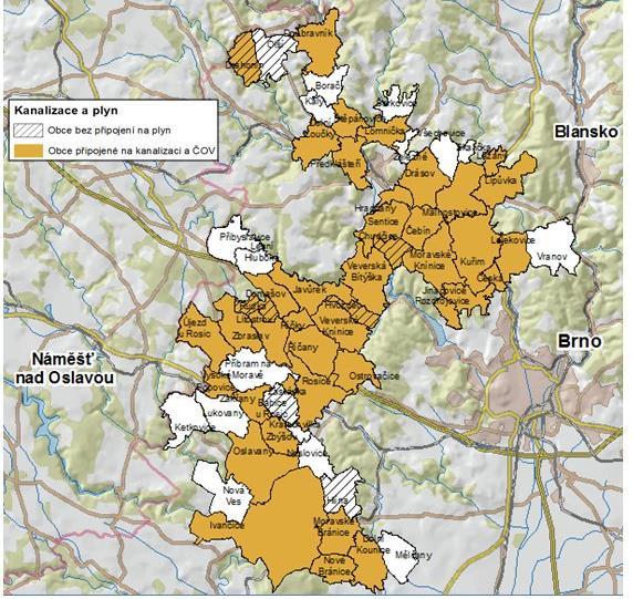 Obrázek 21. Kanalizace a plynofikace v jednotlivých obcích MAS Brána Brněnsk